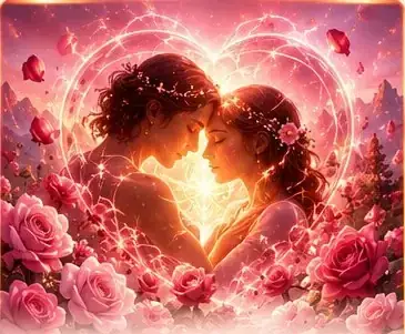 Deux visages se faisant face dans un cœur rose