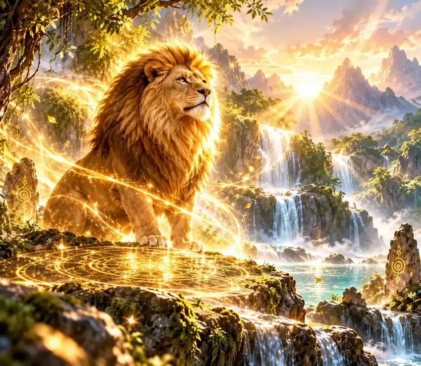 Un lion doré devant une cascade