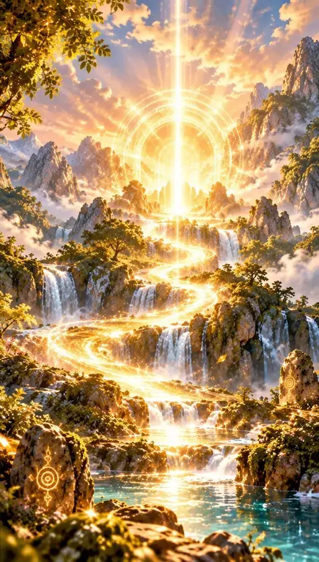 Un rayon de lumière descendant sur une cascade