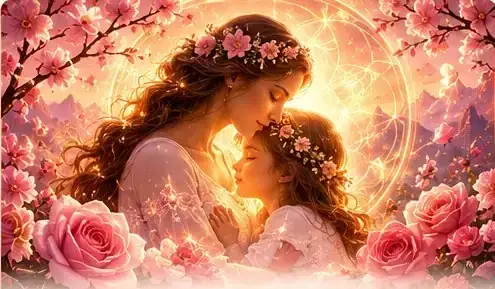 Une mère et sa fille enlacées parmi les fleurs