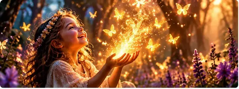 Une enfant émerveillée tenant une lumière entre ses mains