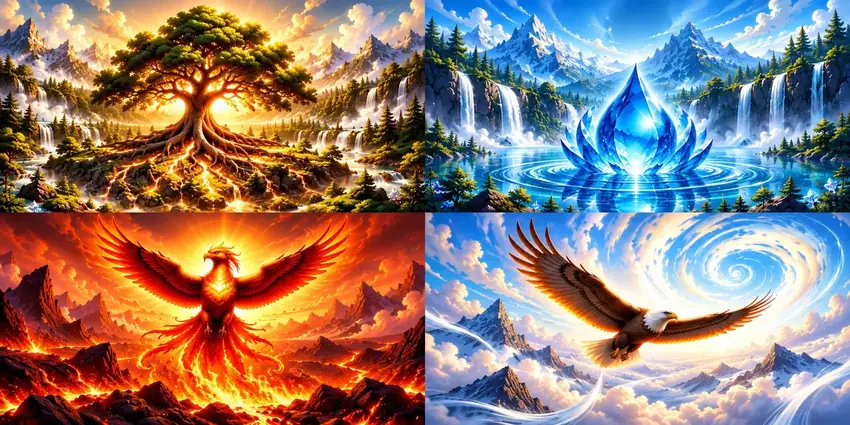 Les quatre éléments réunis : arbre, eau, phénix et aigle
