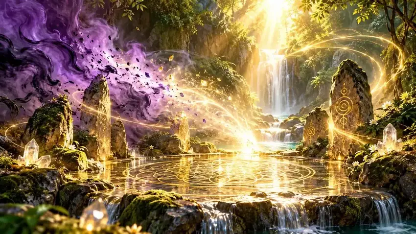 Une cascade de lumière dissipant une brume violette