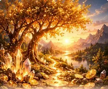 Un arbre doré au bord d’une rivière, entouré de cristaux
